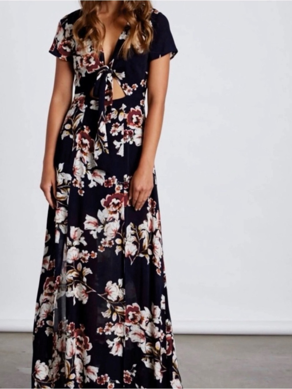 Navy Floral Tie-Front Maxi Dress